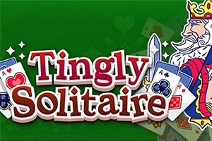 Πράσινο φόντο με τον τίτλο Tingly Solitaire και μια φιγούρα βασιλιά που κρατάει κάρτες τράπουλας