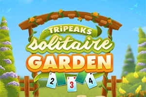 Πινακίδα με το λογότυπο TriPeaks Solitaire Garden σε κήπο με κάρτες και λουλούδια σε φόντο μπλε ουρανού