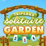 Πινακίδα με το λογότυπο TriPeaks Solitaire Garden σε κήπο με κάρτες και λουλούδια σε φόντο μπλε ουρανού