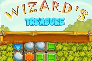 Τίτλος Wizards Treasure με φόντο πράσινα φύλλα και πολύχρωμα γεωμετρικά σχήματα