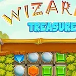 Τίτλος Wizards Treasure με φόντο πράσινα φύλλα και πολύχρωμα γεωμετρικά σχήματα