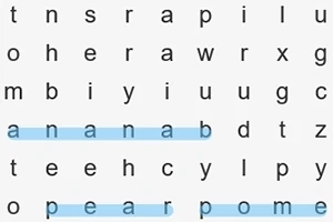 Λεξοπαίγνιο με λέξεις όπως banana, pear, και pome επισημασμένες οριζόντια