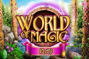 Λογότυπο World of Magic με μαγευτικό φόντο από λουλούδια και δέντρα, με το κουμπί Play σε ροζ κορδέλα